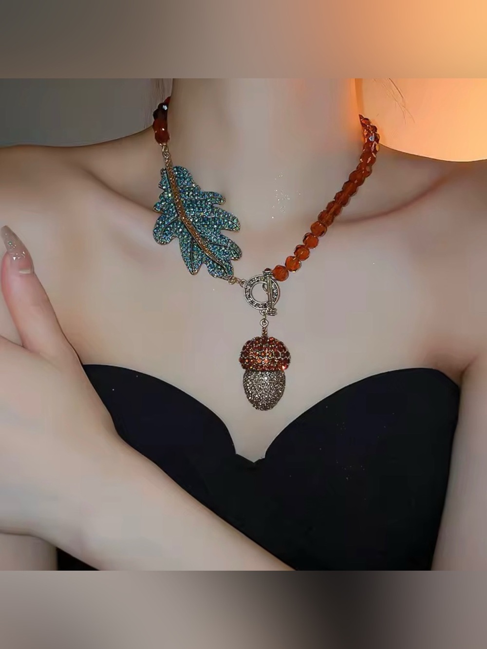 Anthropologie Amber Tone Crystal Acorn Leaf Statement Necklace Toggle Clasp NWOT